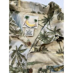 Banana Cabana Mens XL Silk Aloha Shirt Tropical Palm Tree Beach Hut Herringbone
